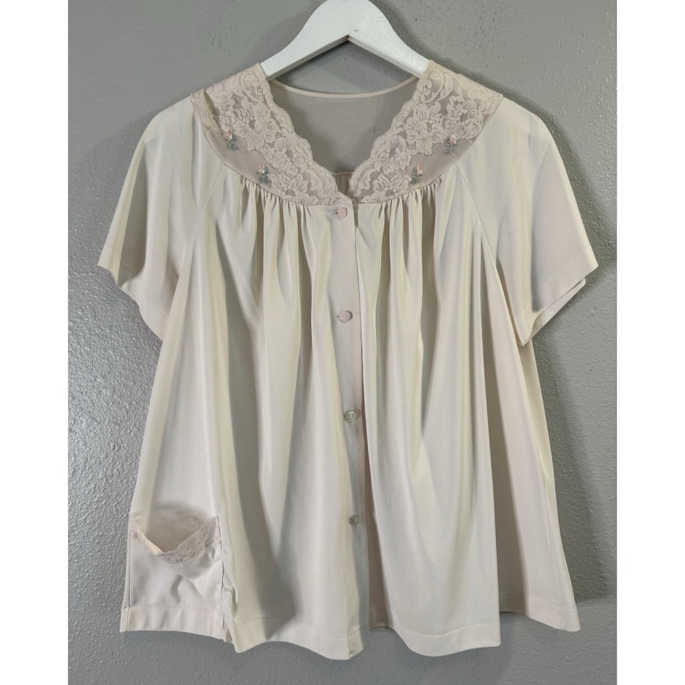 Vintage 70s Shadowline Nylon Lace Bed Jacket Pink Rosebud Boudoir Cottagecore